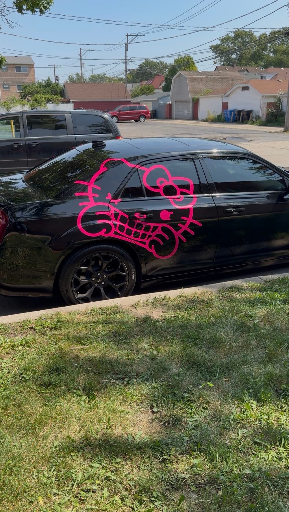 Large pink cartoon cat decal across the side of a black car