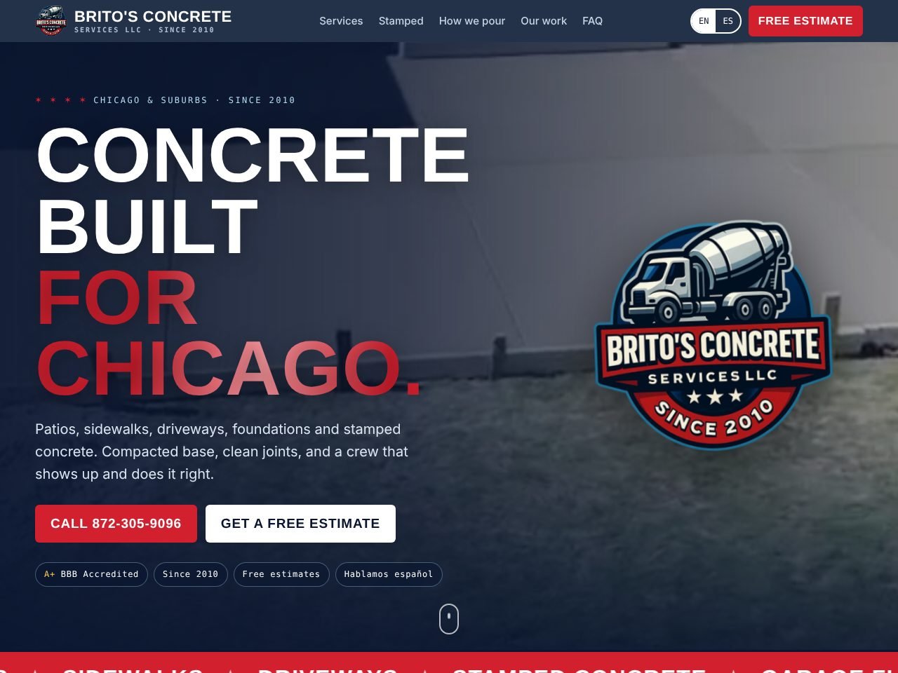Homepage of a concrete contractor website with a stamped patio video and a free estimate button