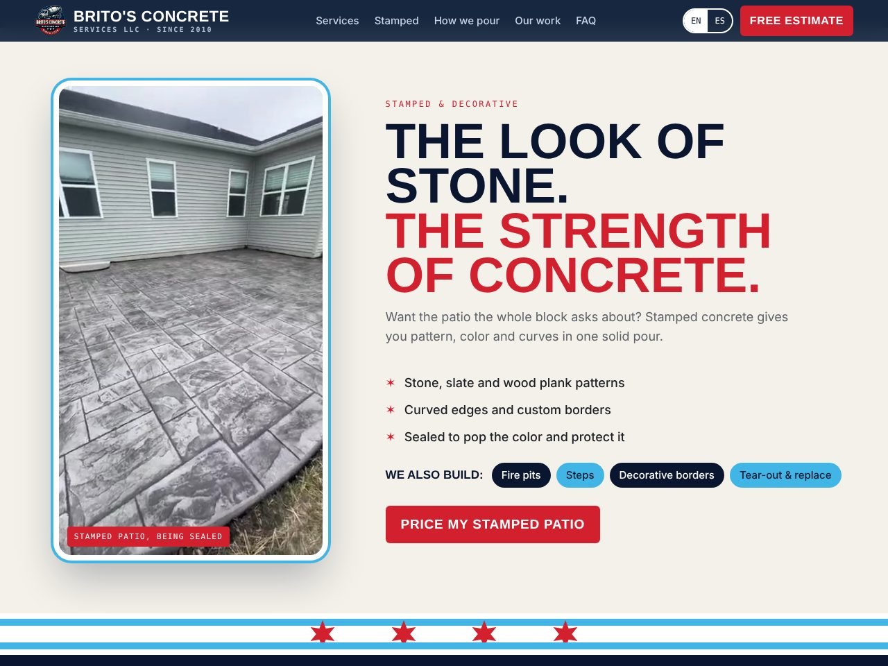 Website section featuring a stamped concrete patio video and Chicago flag stripes