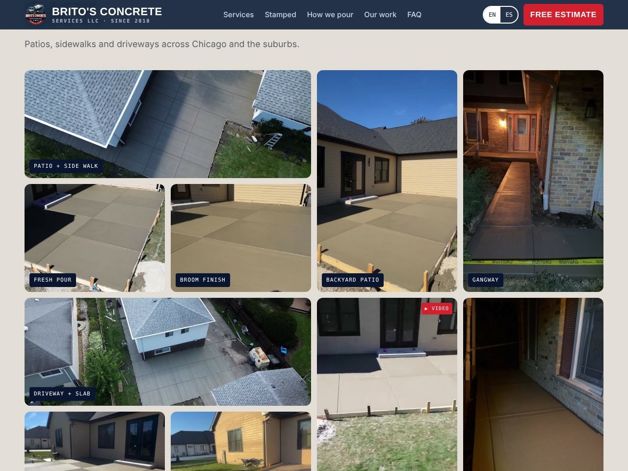 Website photo gallery of finished patios, sidewalks and driveways