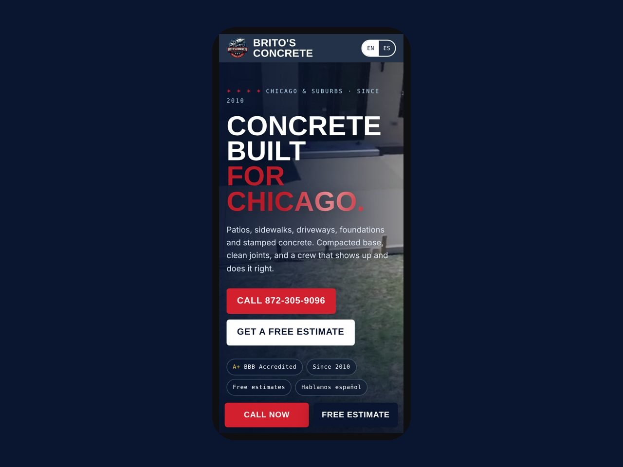 The same website on a phone with a call button at the bottom